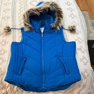 Maurices Blue Hooded Vest with Faux Fur Trim